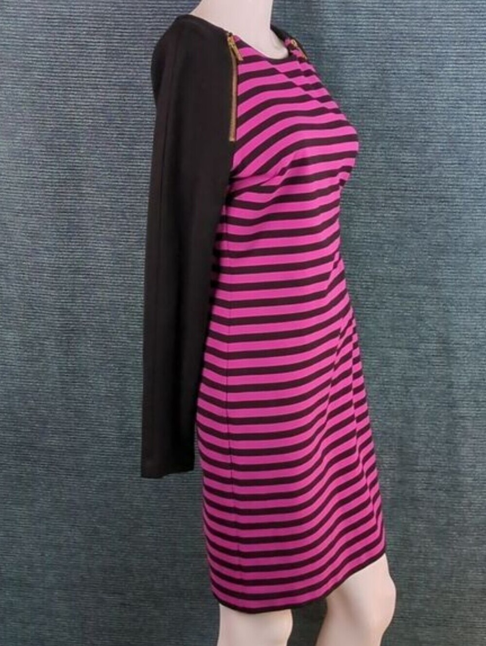 Michael Kors Zip Shoulder Dress Magenta & Black Striped Long Sleeves